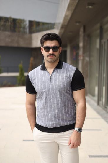 Erkek Polo Yaka Fermuar Detaylı Çizgili Tişört resmi
